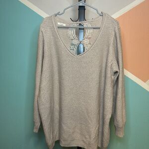 Maurices Tunic Sweater Long Sleeve V-Neck Lace Trim‎ Back Light Peach Size 1